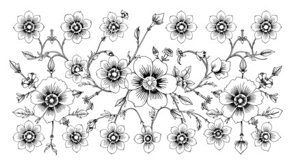 Ornate black and white floral design with detailed blossoms and vines. © Dlomiro
