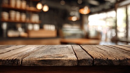 Wooden table with an empty space for product display, set against the backdrop of cafe interior with bokeh bright background. Ready for display, product montage.