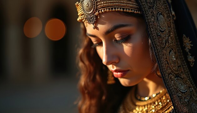 Close-up portrait of a woman in traditional Egyptian jewelry. Golden headpiece, intricate beadwork on black fabric. Graceful lady with elegant makeup, serene expression, desert background. - Powered by Adobe