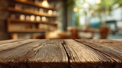 Wooden table with an empty space for product display, set against the backdrop of cafe interior with bokeh bright background. Ready for display, product montage.