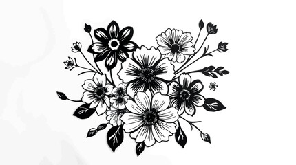 Black and white floral design with various flower types and foliage.