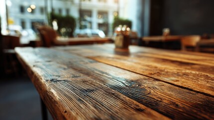 Wooden table with an empty space for product display, set against the backdrop of cafe interior with bokeh bright background. Ready for display, product montage.