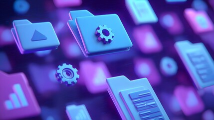 Digital folder icons with gear and data symbols in vibrant colors.