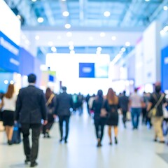 Blurred ambiance of bustling convention hall showcasing a modern technology trade show with