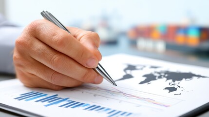 A hand holding a pen shows a report with graphs and a world map, symbolizing analysis in a business or economic context.