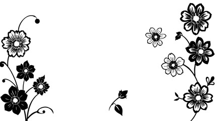 Elegant black and white floral design, featuring stylized blossoms and leaves, arranged symmetrically on a white background, creating a decorative border.