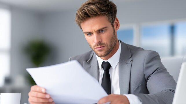 A focused young man in a suit examines documents while sitting at a desk in a modern office environment.