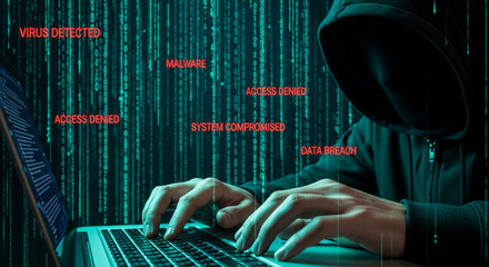 Hooded figure's hands typing on laptop,  green digital code background displaying cybersecurity threats: virus, malware, data breach, access denied, system compromised
