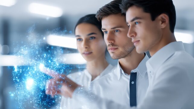 A group of three individuals engaged in a futuristic discussion, interacting with a digital interface displaying glowing blue data.
