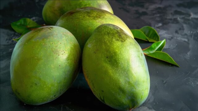 Three ripe mangoes with a lime leaf for freshness and appeal.