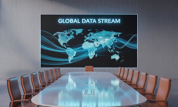A modern conference room displaying a global data stream visualization on a large screen, with chairs.