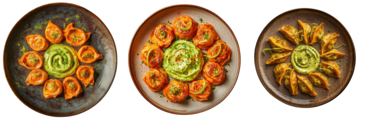 Colorful gourmet sweet potato dumpling arranged in decorative plates on table. Isolated set