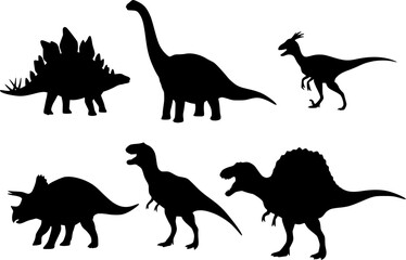 Vector illustration of dinosaur silhouette including Stegosaurus, Brontosaurus, Velociraptor, Triceratops, Tyrannosaurus rex, and Spinosaurus.
