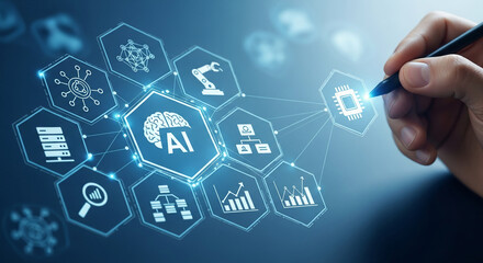 Abstract digital illustration of AI tech, interconnected hexagons displaying various tech symbols, a hand interacts with the interface, symbolizing human-AI collaboration