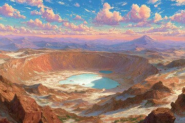 High-altitude caldera landscape.  Vast crater with turquoise lake,  mountains and clouds.  Sunrise or sunset light