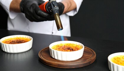 Chef Torching Creme Brulee to Caramelize Sugar Topping