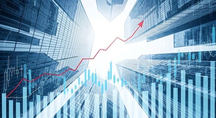 An upward-trending red line superimposed over a city skyline and financial data visualizations, symbolizing growth.
