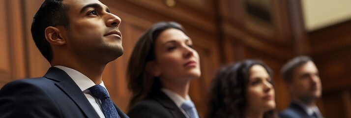 A group of diverse professionals attentively listening in a formal setting.