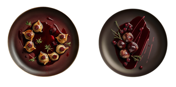 Elegant gourmet venison dumplings served on dark plates with berry sauce. Isolated set  