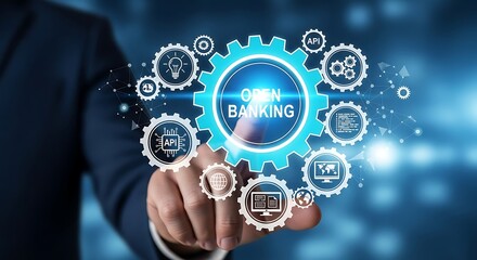 Man's hand interacting with a digital open banking interface with gears and icons, symbolizing modern financial technology.