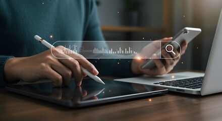 Person using a stylus on a tablet and a smartphone, with a virtual search bar and digital graph overlay