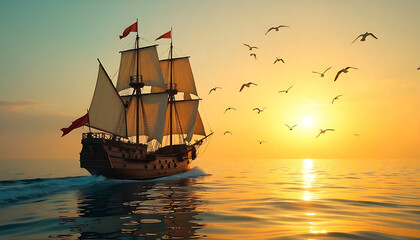 Obraz premium A classic sailing ship gliding toward a glowing sunset with seagulls overhead on a tranquil sea in 4K and HD.