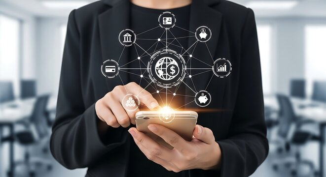 Woman in business attire using a smartphone with digital network icons overlayed, in a modern office setting.