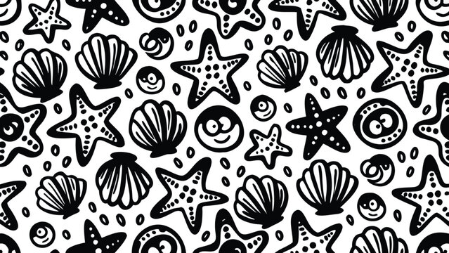Seamless pattern of black and white sea life elements featuring starfish shells and whimsical sea creatures artfully drawn