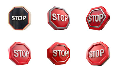 Collection of six realistic 3d rendered stop signs with different angles isolated on transparent background