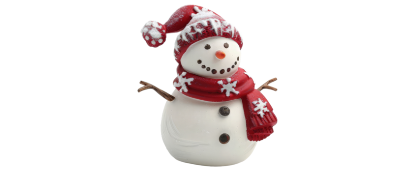 A cheerful snowman wearing a red and white scarf and hat stands proudly, surrounded by a winter wonderland, evoking festive holiday spirit and joy