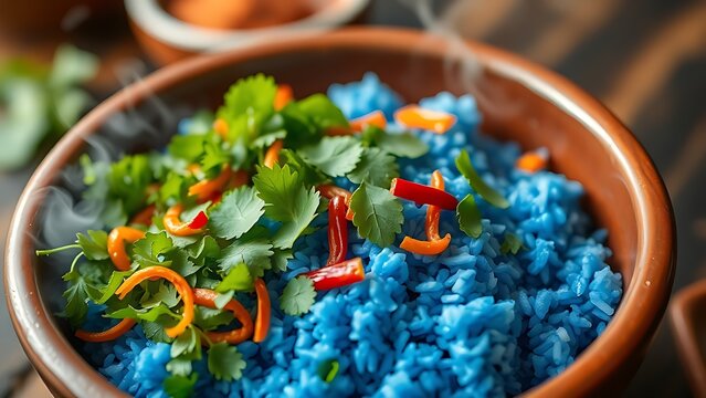 Colorful nasi kerabu in a terracotta bowl, blue rice contrasting with fresh herbs and aromatic spices.