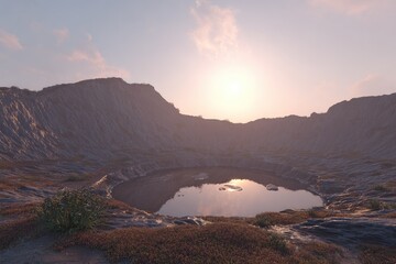 Sunrise over a crater lake nestled in a mountain range