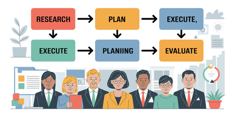 Naklejka premium Business process flowchart with diverse team illustrating research, planning, execution, and evaluation stages in strategic project workflow