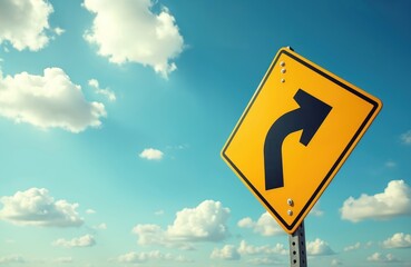 Yellow road sign with black arrow indicating curve ahead against vibrant blue sky with fluffy white clouds. Traffic symbol warns drivers of turn change in direction on road, suggesting travel,
