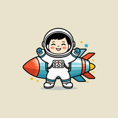 Sweet astronaut character joyfully dabbing on a rocket, with vibrant planets and friendly space animals cheering in the background.