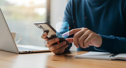 Person using smartphone with futuristic holographic chip interface overlay