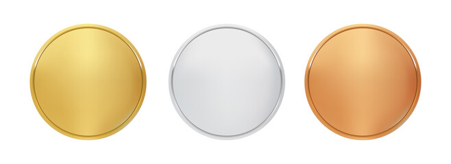 Award Gold, Silver, and Bronze Blank Medals – 3D Vector Realistic Illustration of First, Second, and Third Place Medals or Buttons Isolated on White Background, Quality Blank Badge and Emblem Set for 
