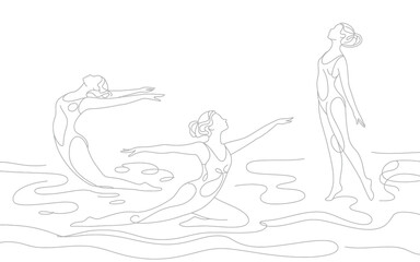 Elegant Line Art Illustration of Three Swimmers in One Line Drawing Style.