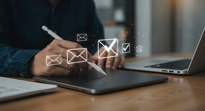 Person using stylus on tablet with email icons and checkmarks, laptop in background - Powered by Adobe