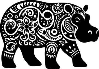 Hippopotamus Solid Black Vector Silhouette in Traditional Mexican Folk Art Style