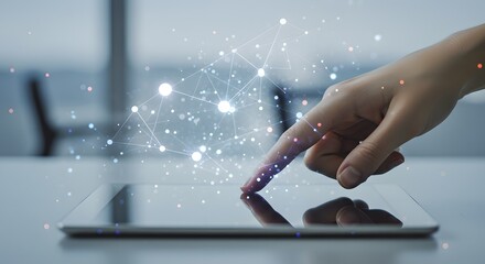 Person's Finger Interacting with Futuristic Digital Network Overlay on Tablet Screen