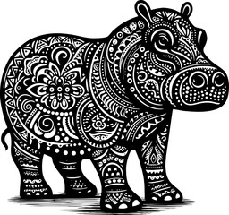 Hippopotamus Solid Black Vector Silhouette in Traditional Mexican Folk Art Style