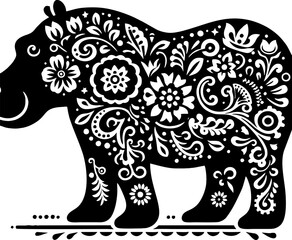 Hippopotamus Solid Black Vector Silhouette in Traditional Mexican Folk Art Style