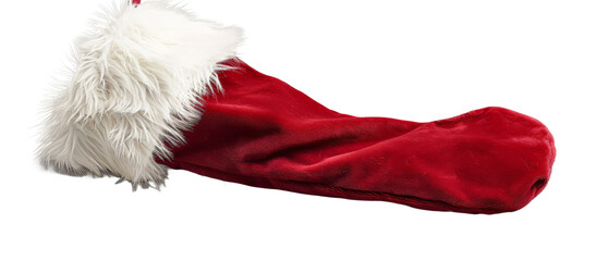 A vibrant red Christmas stocking with a plush white fur trim, resting on a clean, neutral background, ideal for holiday decoration or festive marketing materials