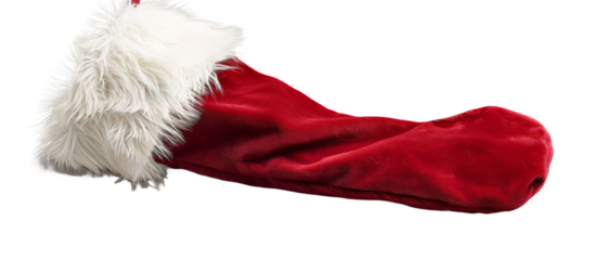 A vibrant red Christmas stocking with a plush white fur trim, resting on a clean, neutral background, ideal for holiday decoration or festive marketing materials