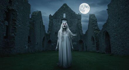 Ghostly woman in a white dress stands near ancient ruins at night