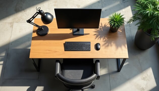 Minimalist office setup featuring clean wooden desk with black monitor, keyboard, mouse. Adjustable black desk lamp provides task lighting, potted green plant adds touch of nature to workspace.
