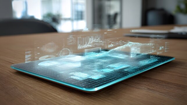 Holographic data displayed on a tablet.