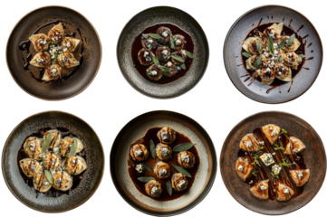 Delicious gourmet dishes served in elegant round plates. Dumplings with blue cheese. Isolated set 