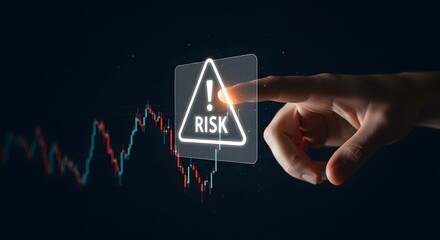 Risk Management Concept: Hand interacting with a digital interface showing a warning sign and stock market graph.